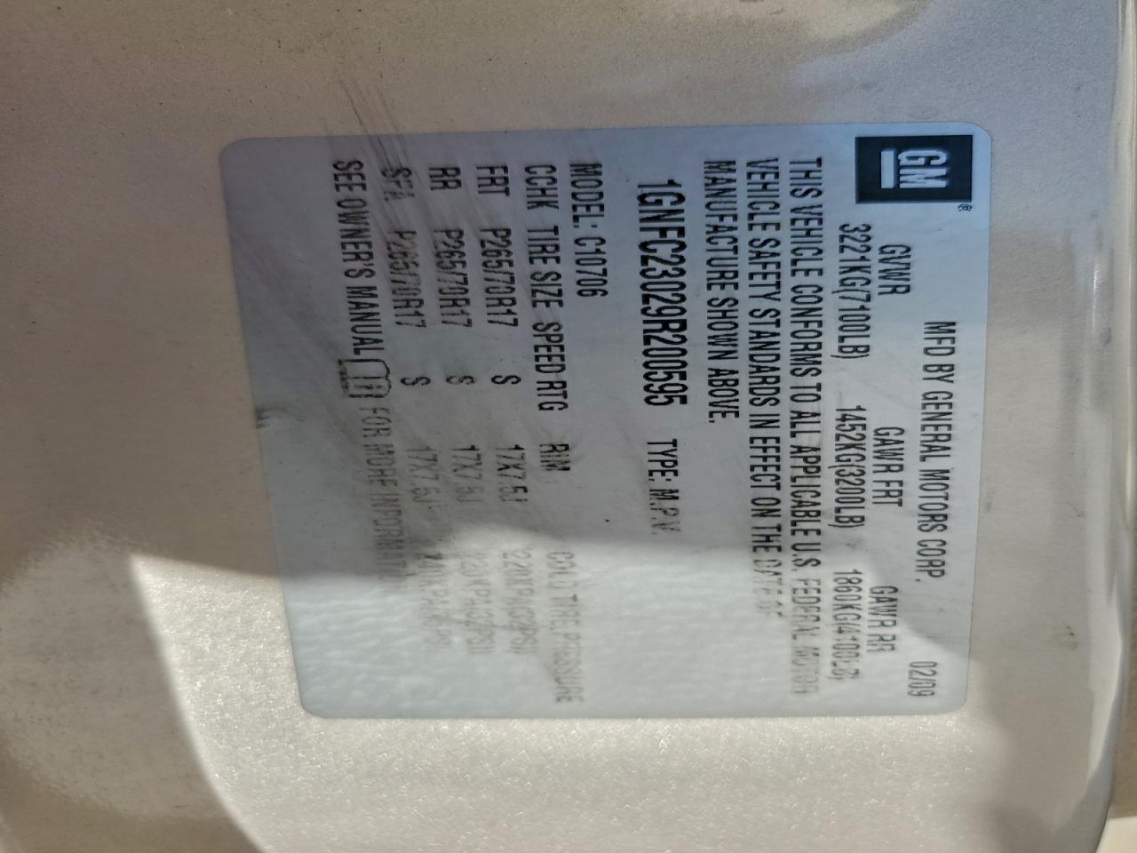 2009 Chevrolet Tahoe C1500 Lt VIN: 1GNFC23029R200595 Lot: 94080545