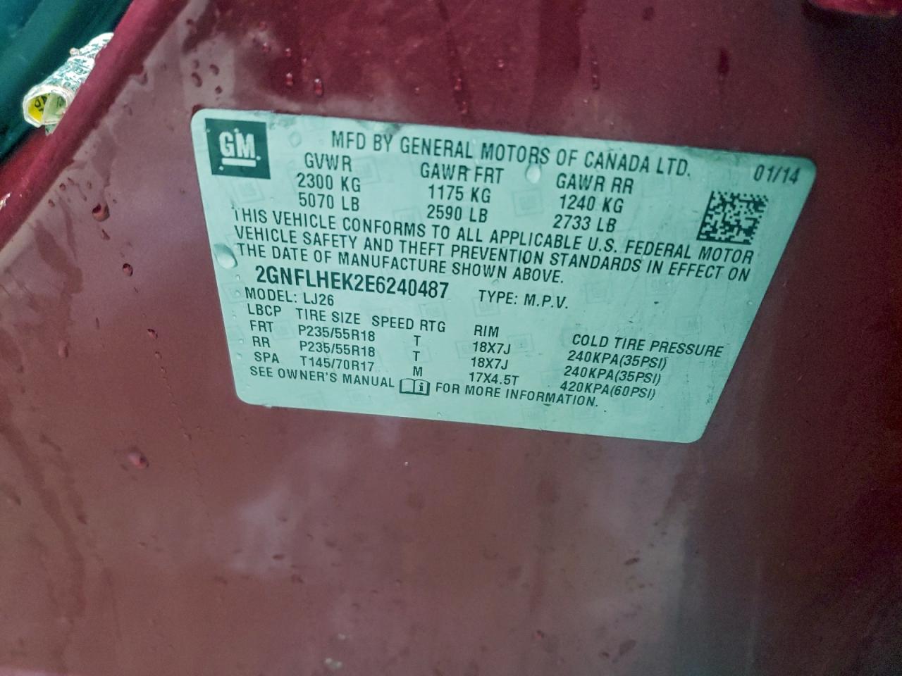 2014 Chevrolet Equinox Ltz VIN: 2GNFLHEK2E6240487 Lot: 94060365