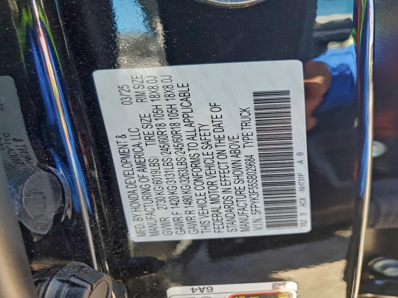 2025 Honda Ridgeline Rtl VIN: 5FPYK3F55SB029684 Lot: 94286045