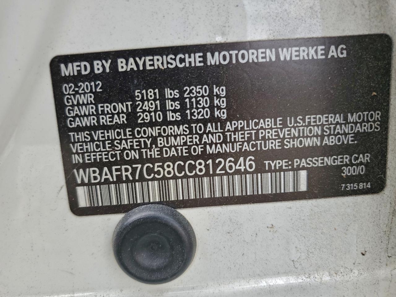 2012 BMW 535 I VIN: WBAFR7C58CC812646 Lot: 93512405