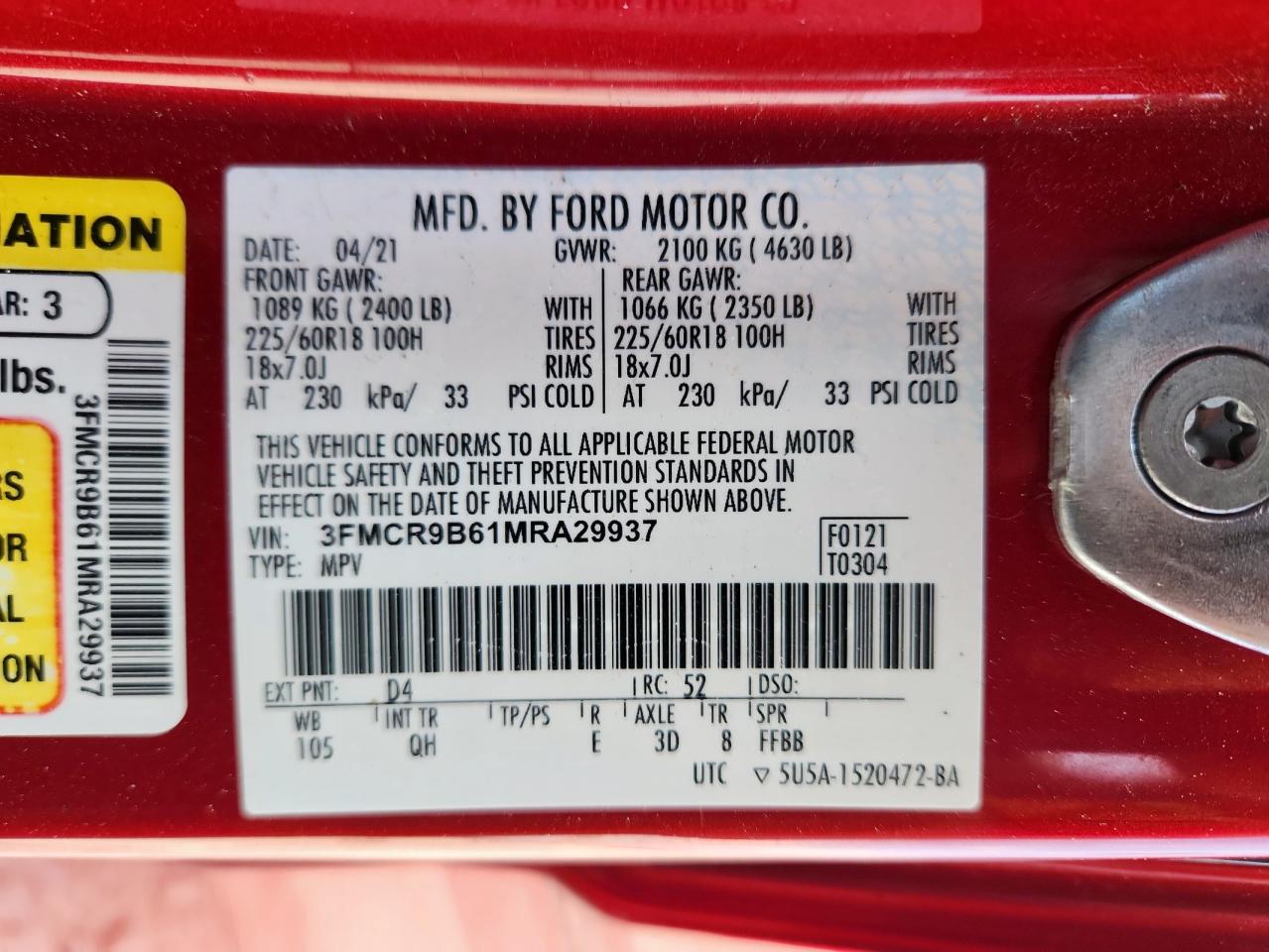 2021 Ford Bronco Sport Big Bend VIN: 3FMCR9B61MRA29937 Lot: 92862005