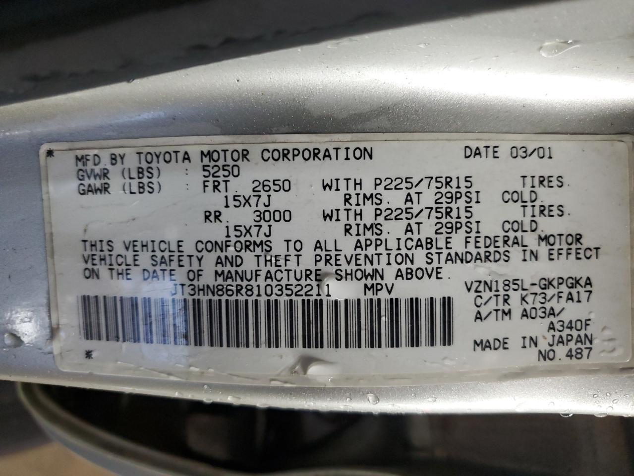 2001 Toyota 4Runner Sr5 VIN: JT3HN86R810352211 Lot: 93052285