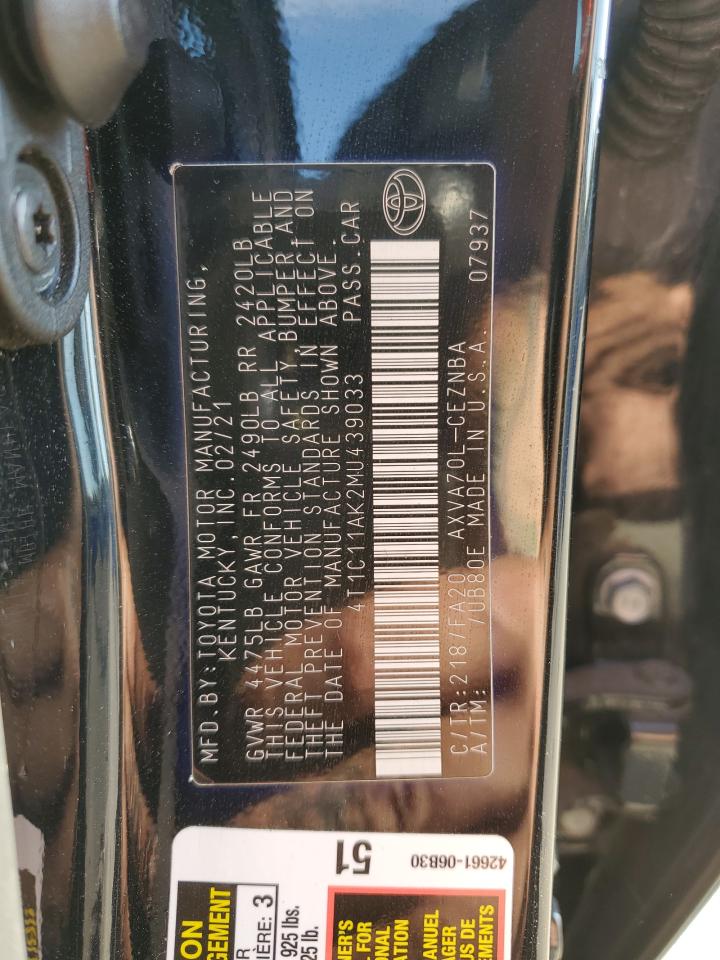 2021 Toyota Camry Le VIN: 4T1C11AK2MU439033 Lot: 93874925