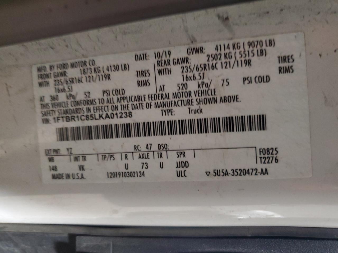 2020 Ford Transit T-250 VIN: 1FTBR1C85LKA01238 Lot: 92922825