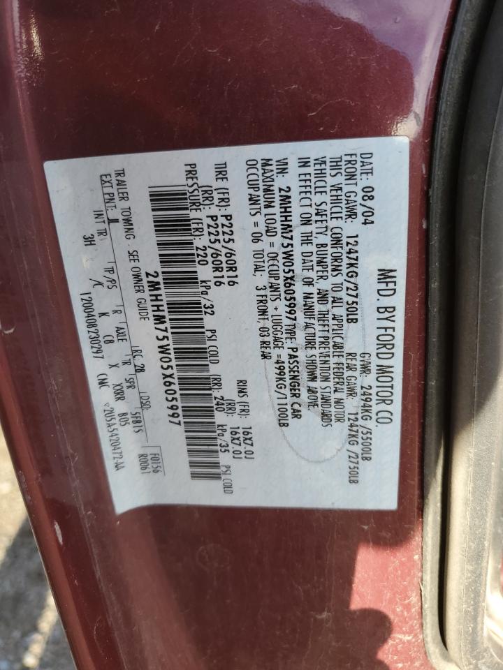 2005 Mercury Grand Marquis Ls VIN: 2MHHM75W05X605997 Lot: 91223985