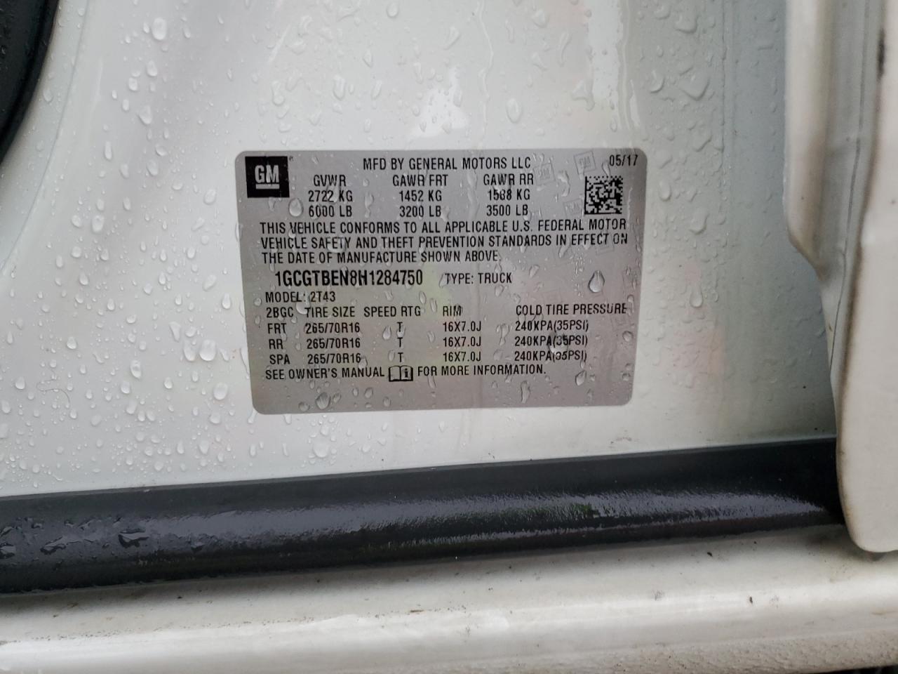 2017 Chevrolet Colorado VIN: 1GCGTBEN8H1284750 Lot: 93722885