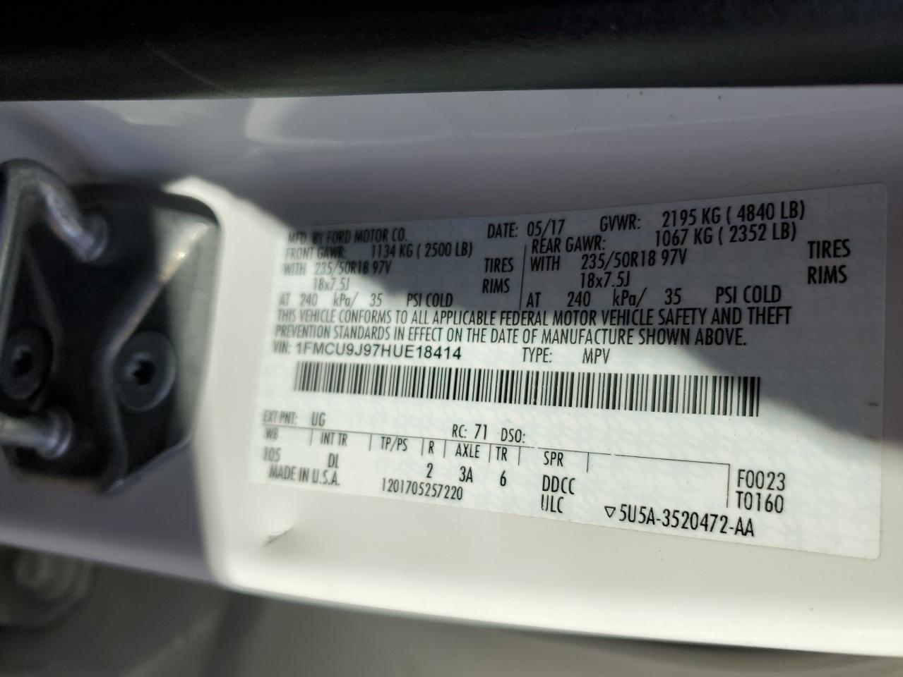 2017 Ford Escape Titanium VIN: 1FMCU9J97HUE18414 Lot: 92156575