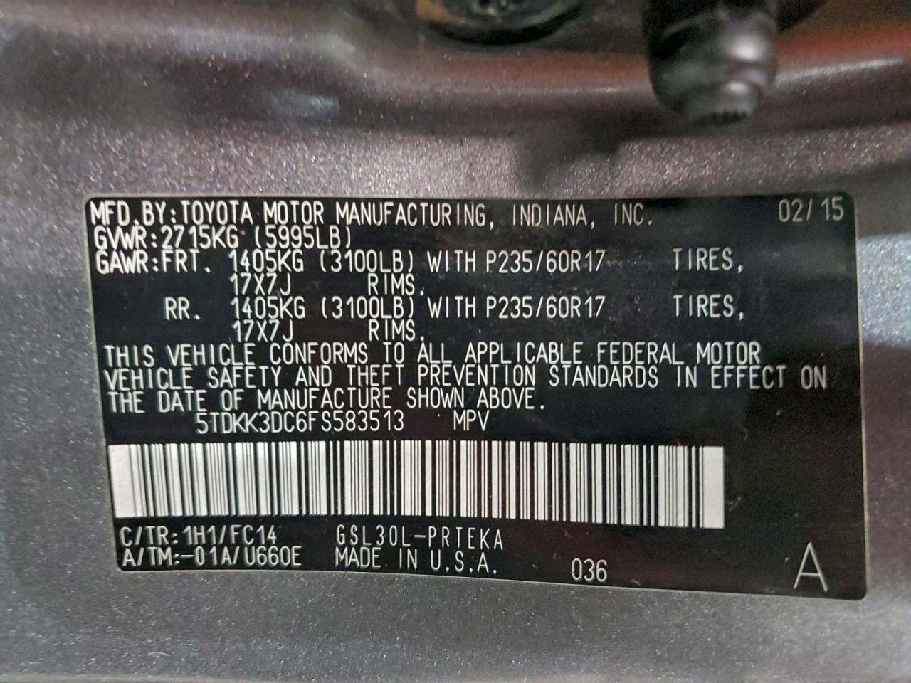 2015 Toyota Sienna Le VIN: 5TDKK3DC6FS583513 Lot: 94920195