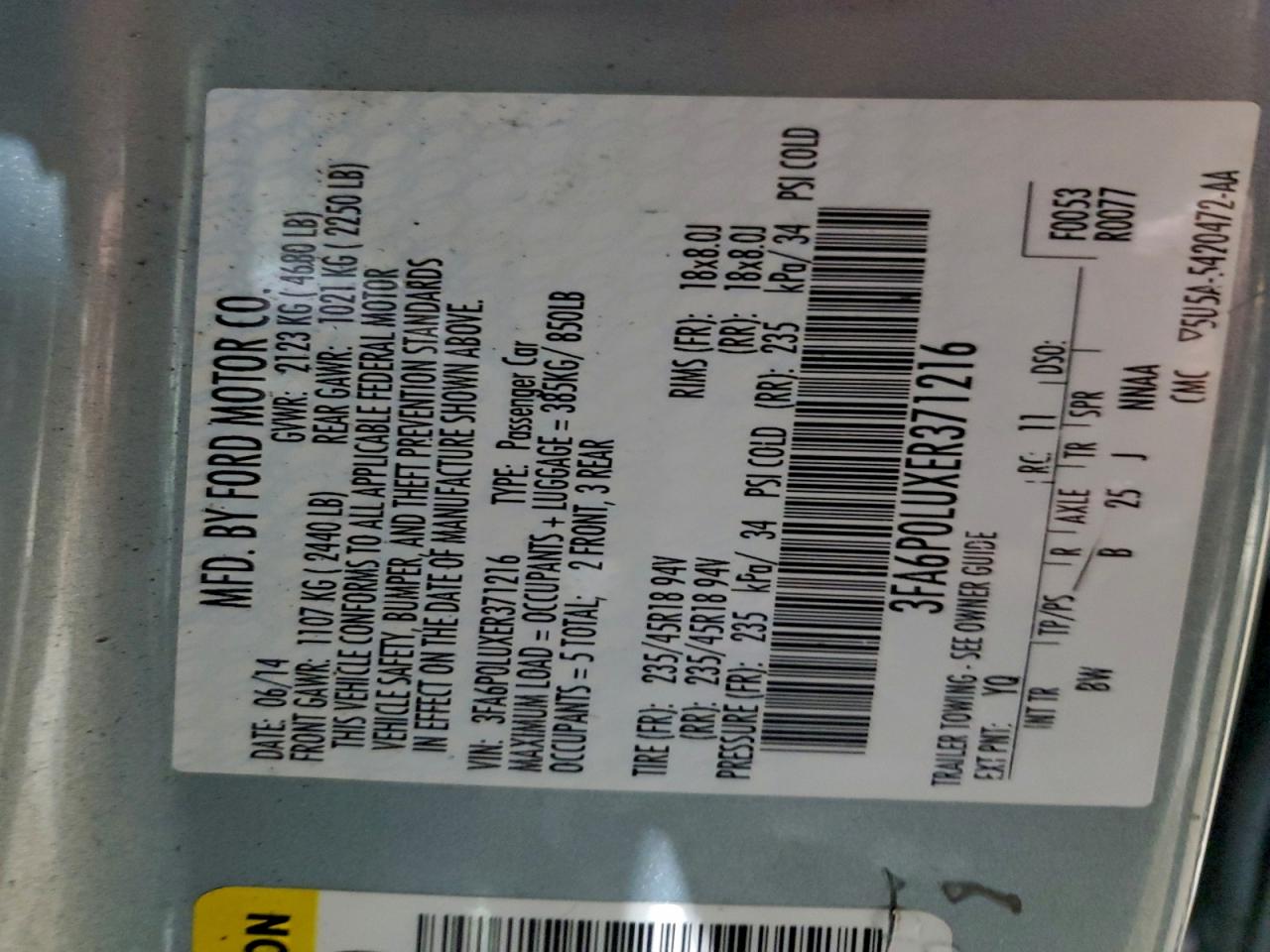 2014 Ford Fusion Se Hybrid VIN: 3FA6P0LUXER371216 Lot: 93766605