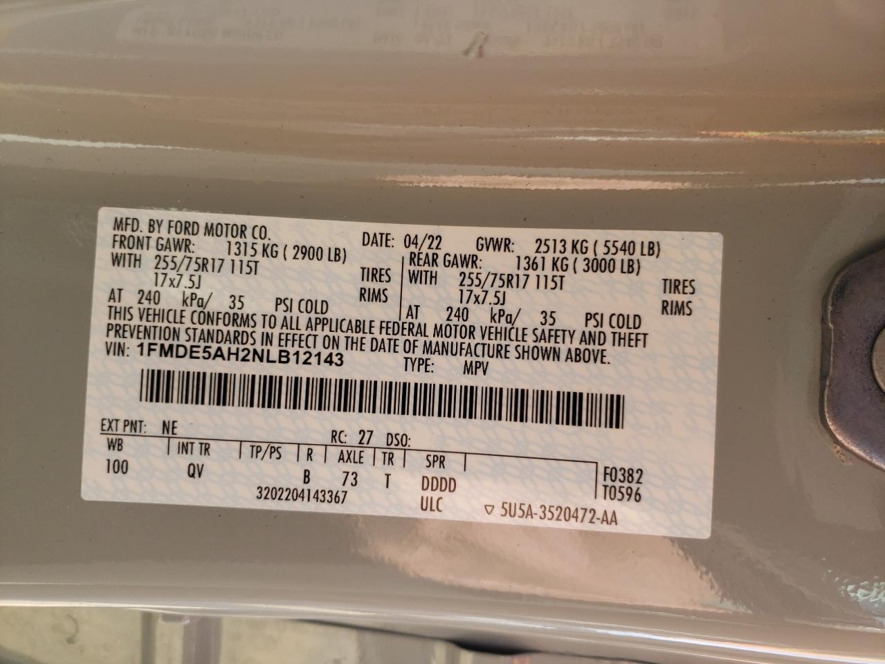 2022 Ford Bronco Base VIN: 1FMDE5AH2NLB12143 Lot: 92242655