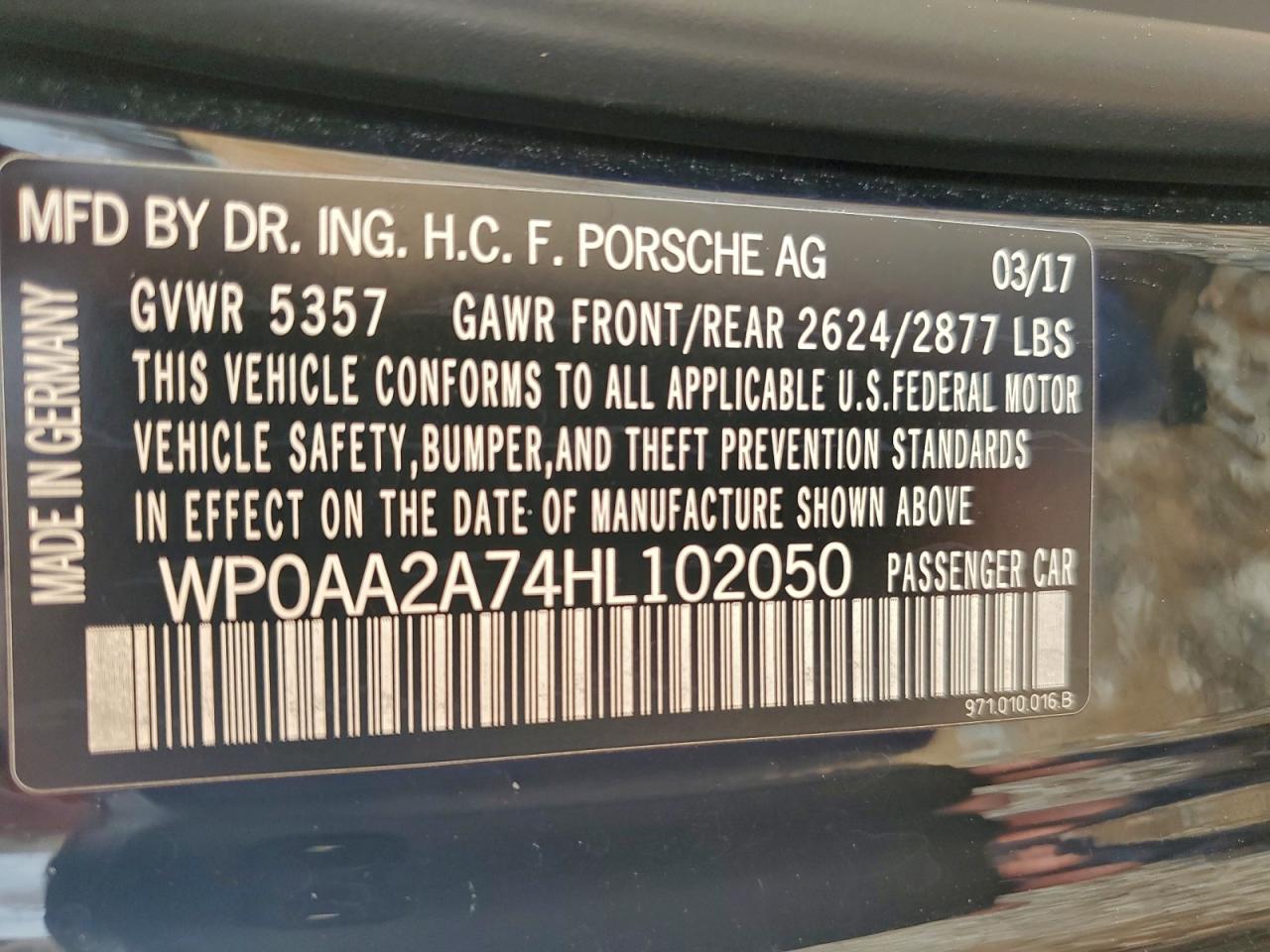 2017 Porsche Panamera 2 VIN: WP0AA2A74HL102050 Lot: 94254385