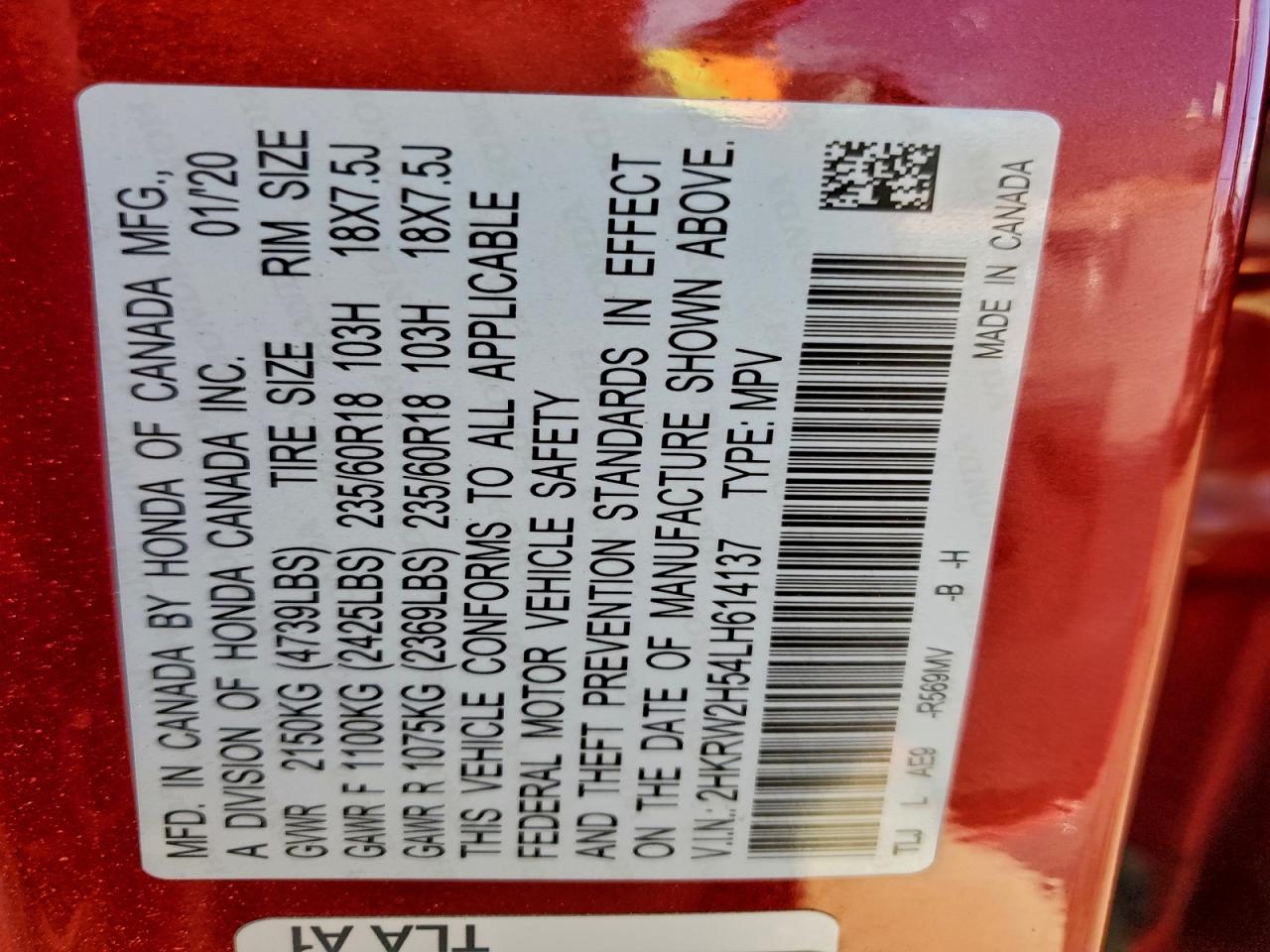 2020 Honda Cr-V Ex VIN: 2HKRW2H54LH614137 Lot: 91461955