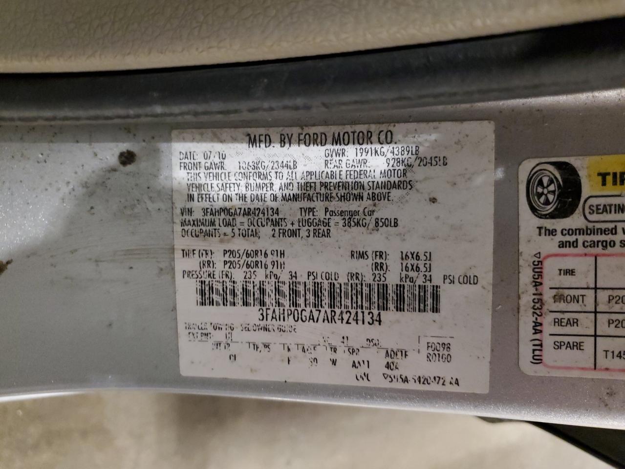 2010 Ford Fusion S VIN: 3FAHP0GA7AR424134 Lot: 90867715