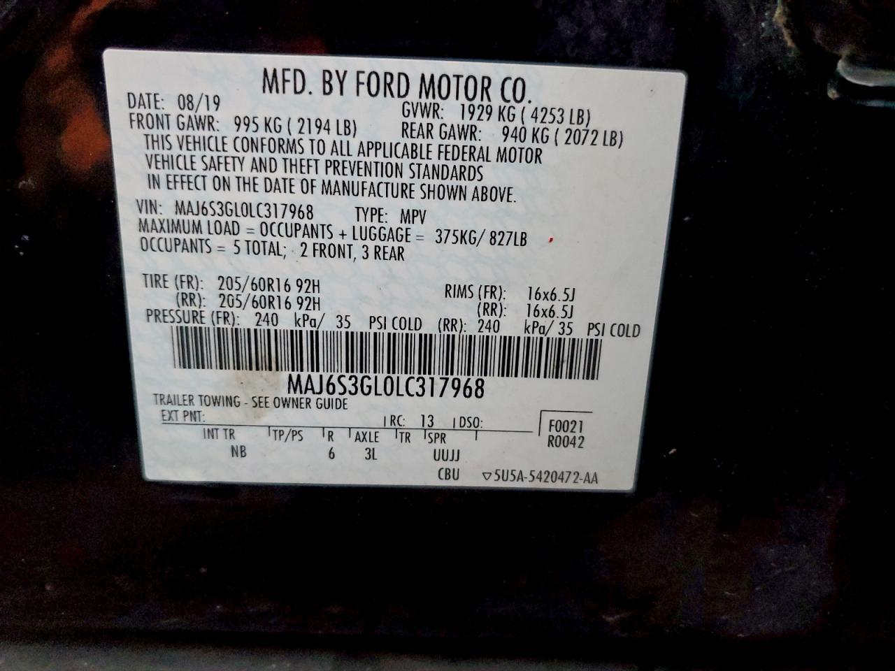 2020 Ford Ecosport Se VIN: MAJ6S3GL0LC317968 Lot: 93902365
