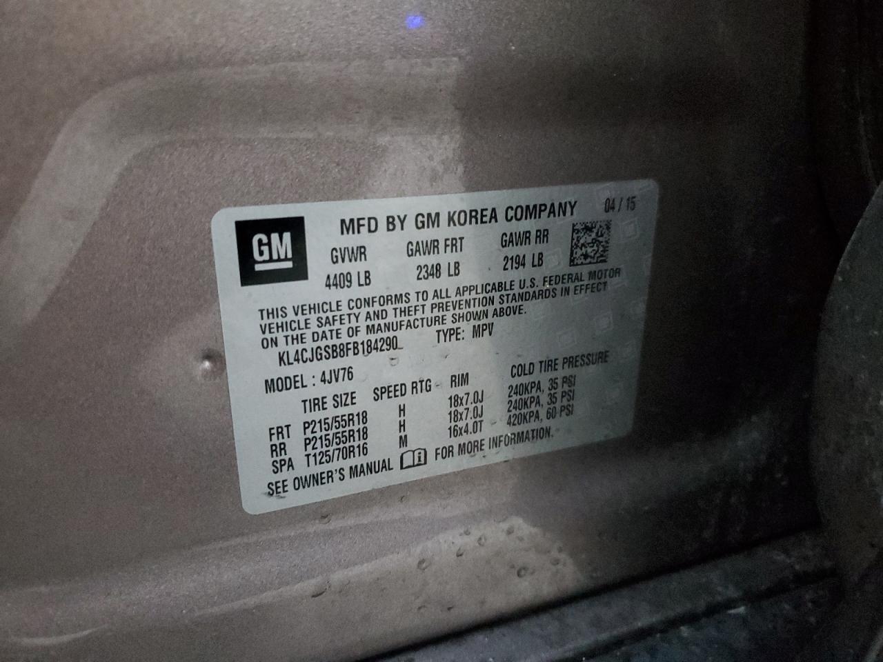 2015 Buick Encore VIN: KL4CJGSB8FB184290 Lot: 93334275