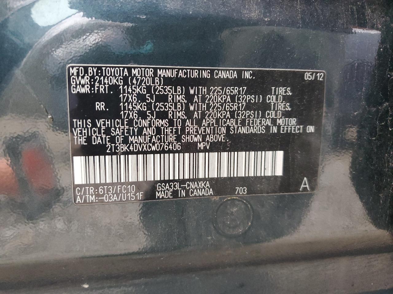 2012 Toyota Rav4 VIN: 2T3BK4DVXCW076406 Lot: 93415975