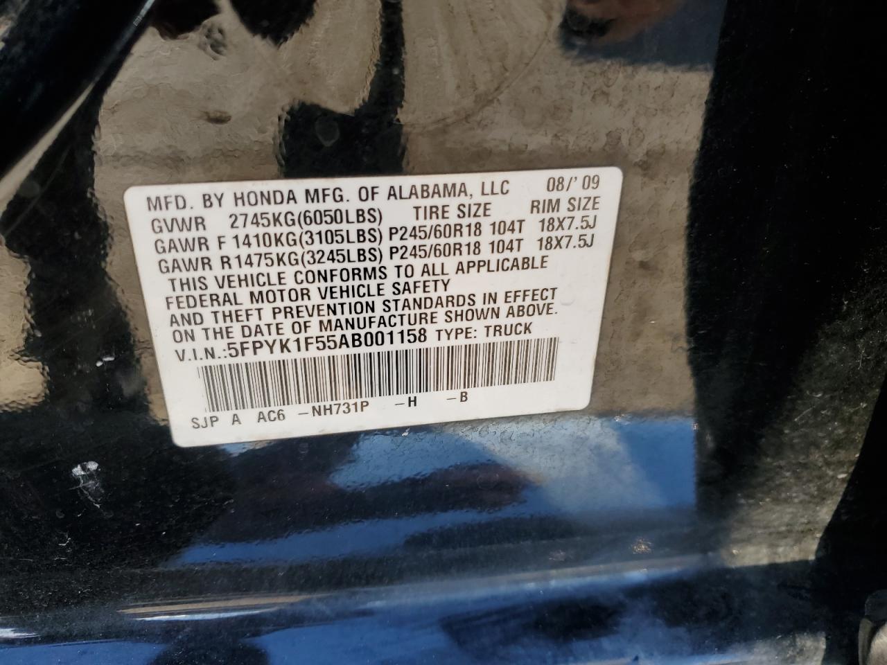 2010 Honda Ridgeline Rtl VIN: 5FPYK1F55AB001158 Lot: 92540495