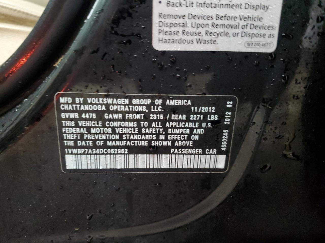 2013 Volkswagen Passat Se VIN: 1VWBP7A34DC062962 Lot: 92804785