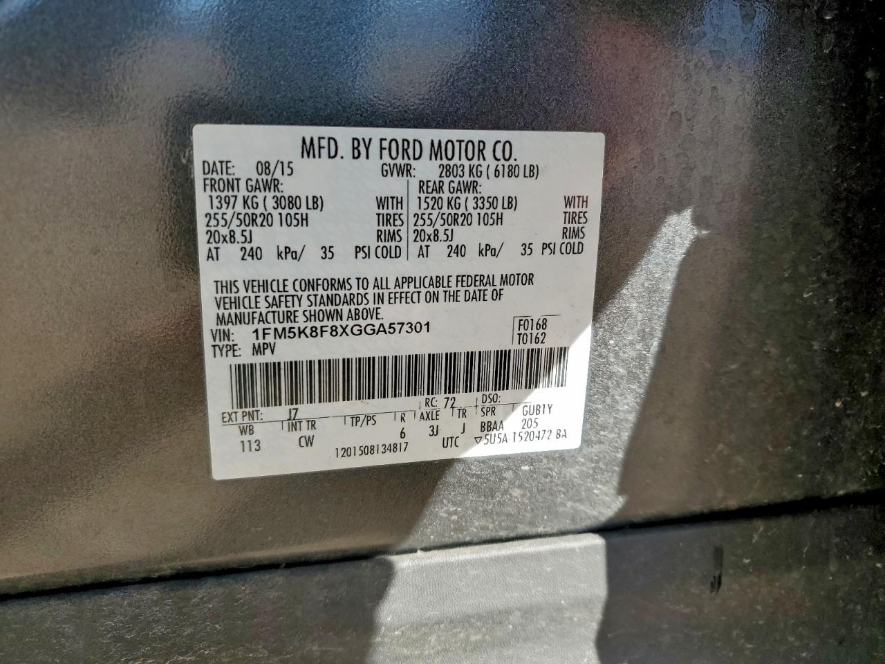 2016 Ford Explorer Limited VIN: 1FM5K8F8XGGA57301 Lot: 93312045