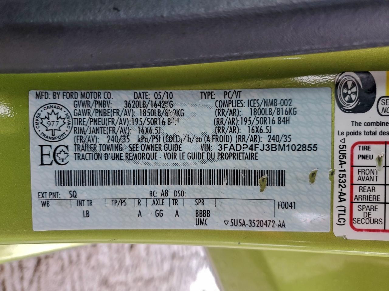 2011 Ford Fiesta Ses VIN: 3FADP4FJ3BM102855 Lot: 93986215