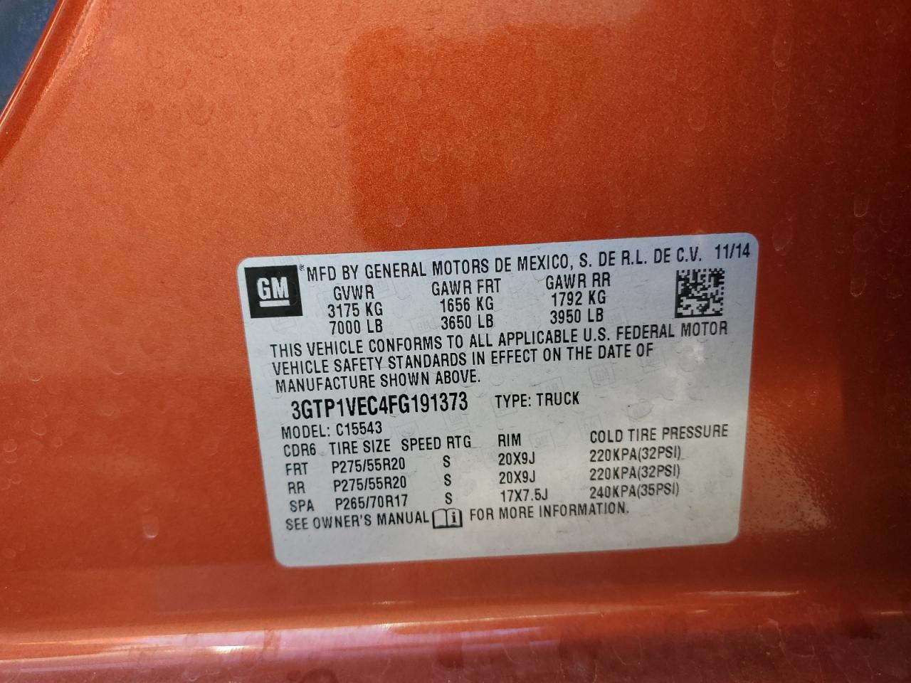 2015 GMC Sierra C1500 Slt VIN: 3GTP1VEC4FG191373 Lot: 93251045