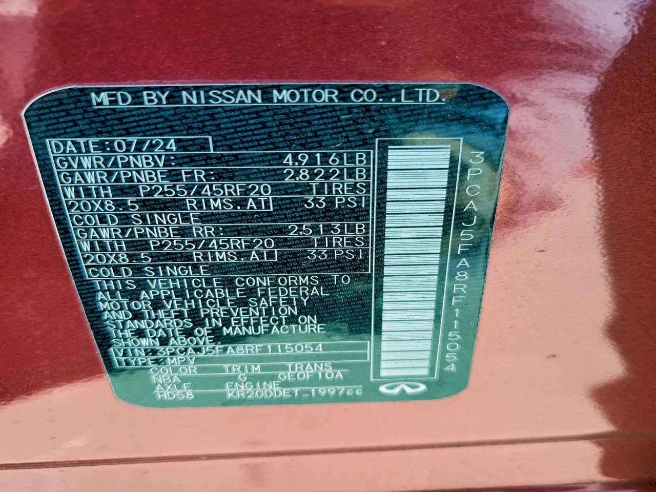 2024 Infiniti Qx50 Sport VIN: 3PCAJ5FA8RF115054 Lot: 92124625