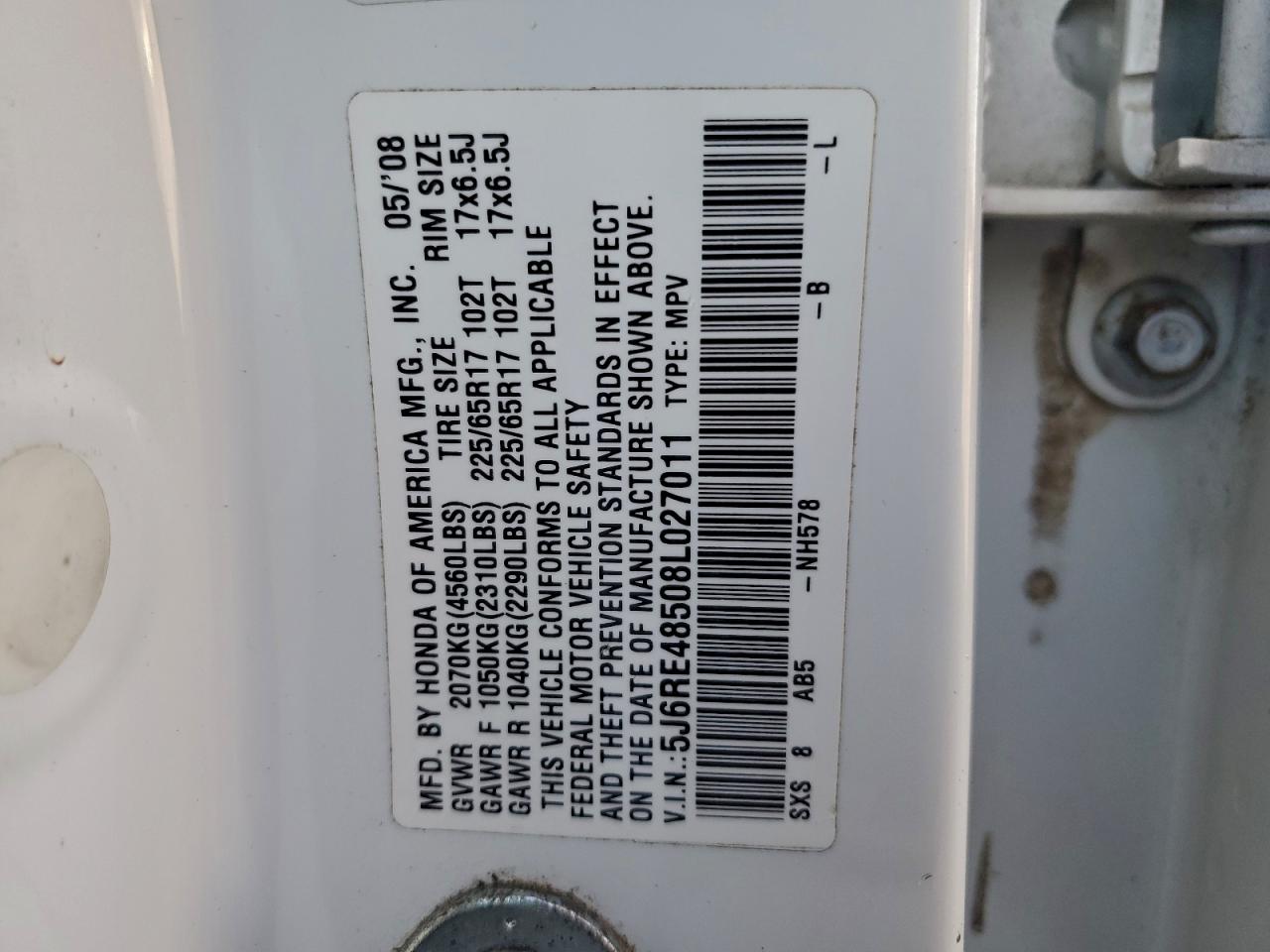 2008 Honda Cr-V Ex VIN: 5J6RE48508L027011 Lot: 93614195