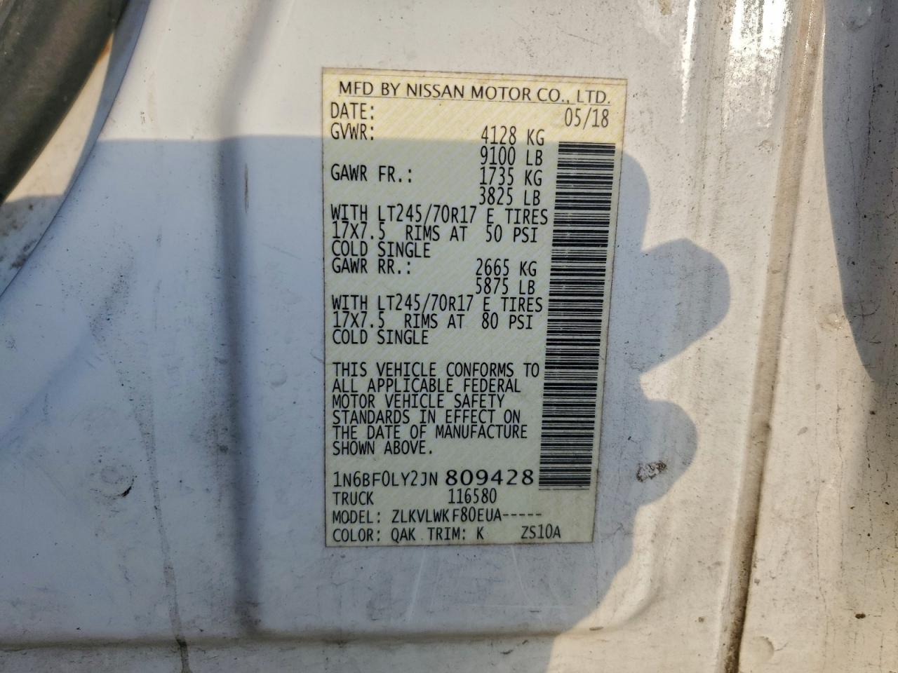 2018 Nissan Nv 2500 S VIN: 1N6BF0LY2JN809428 Lot: 94575985