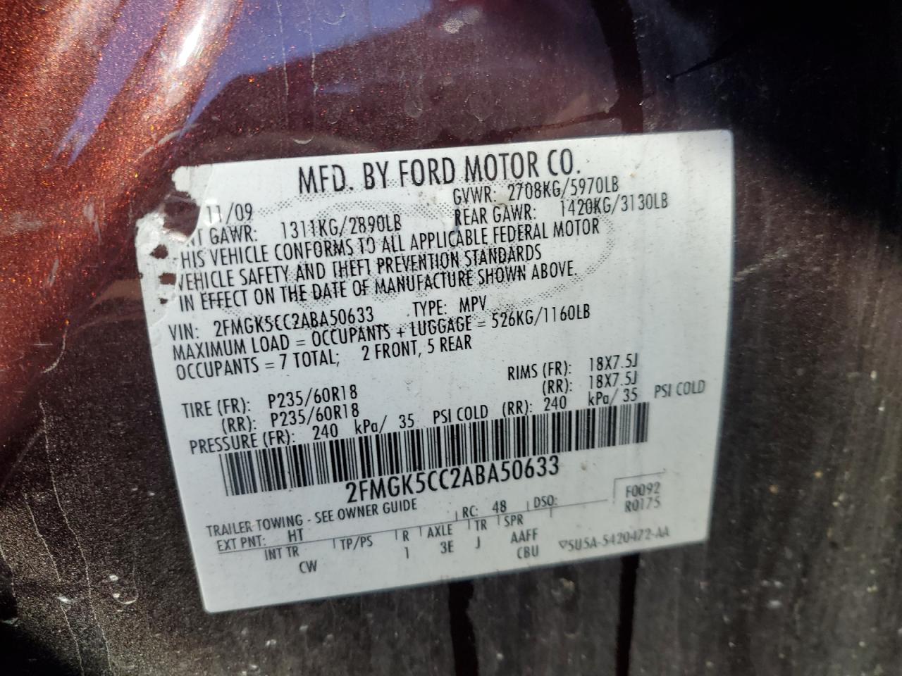 2010 Ford Flex Sel VIN: 2FMGK5CC2ABA50633 Lot: 92412445