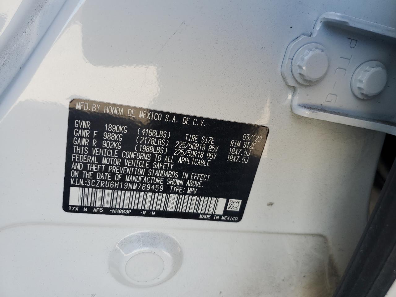 2022 Honda Hr-V Sport VIN: 3CZRU6H19NM769459 Lot: 90895395