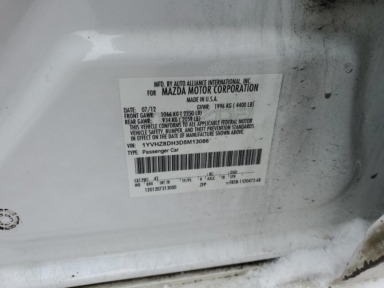 2013 Mazda 6 Touring VIN: 1YVHZ8DH3D5M13086 Lot: 92293045