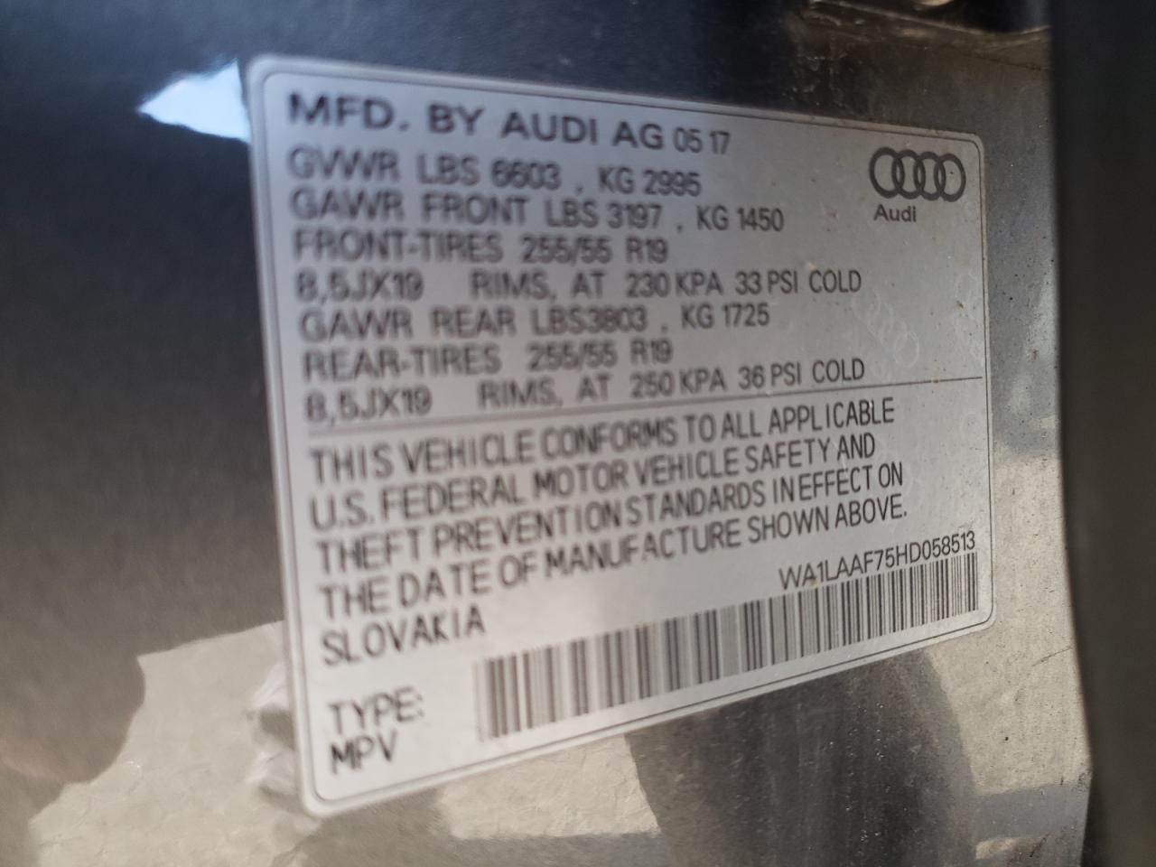 2017 Audi Q7 Premium Plus VIN: WA1LAAF75HD058513 Lot: 93741045