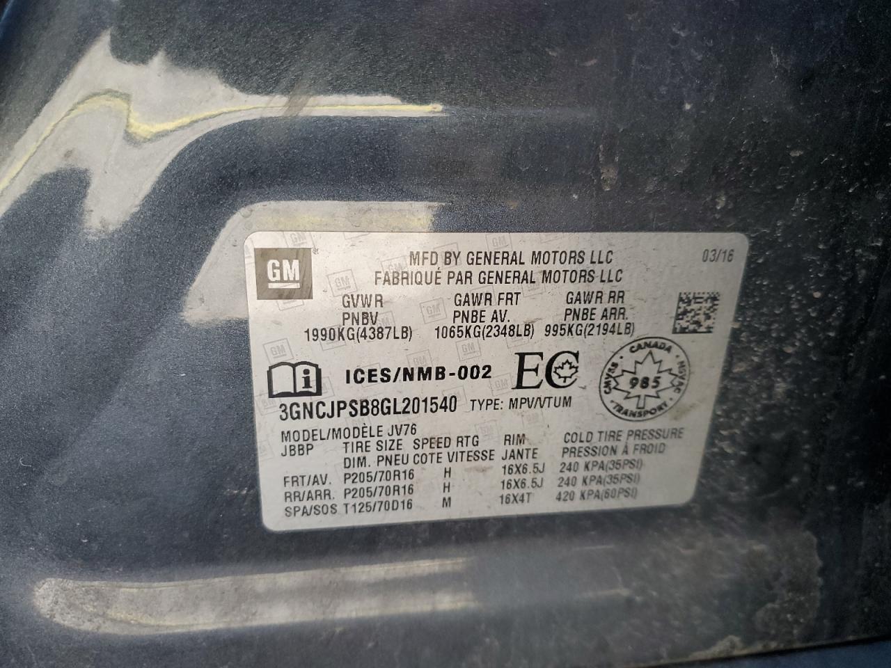 2016 Chevrolet Trax 1Lt VIN: 3GNCJPSB8GL201540 Lot: 91659395