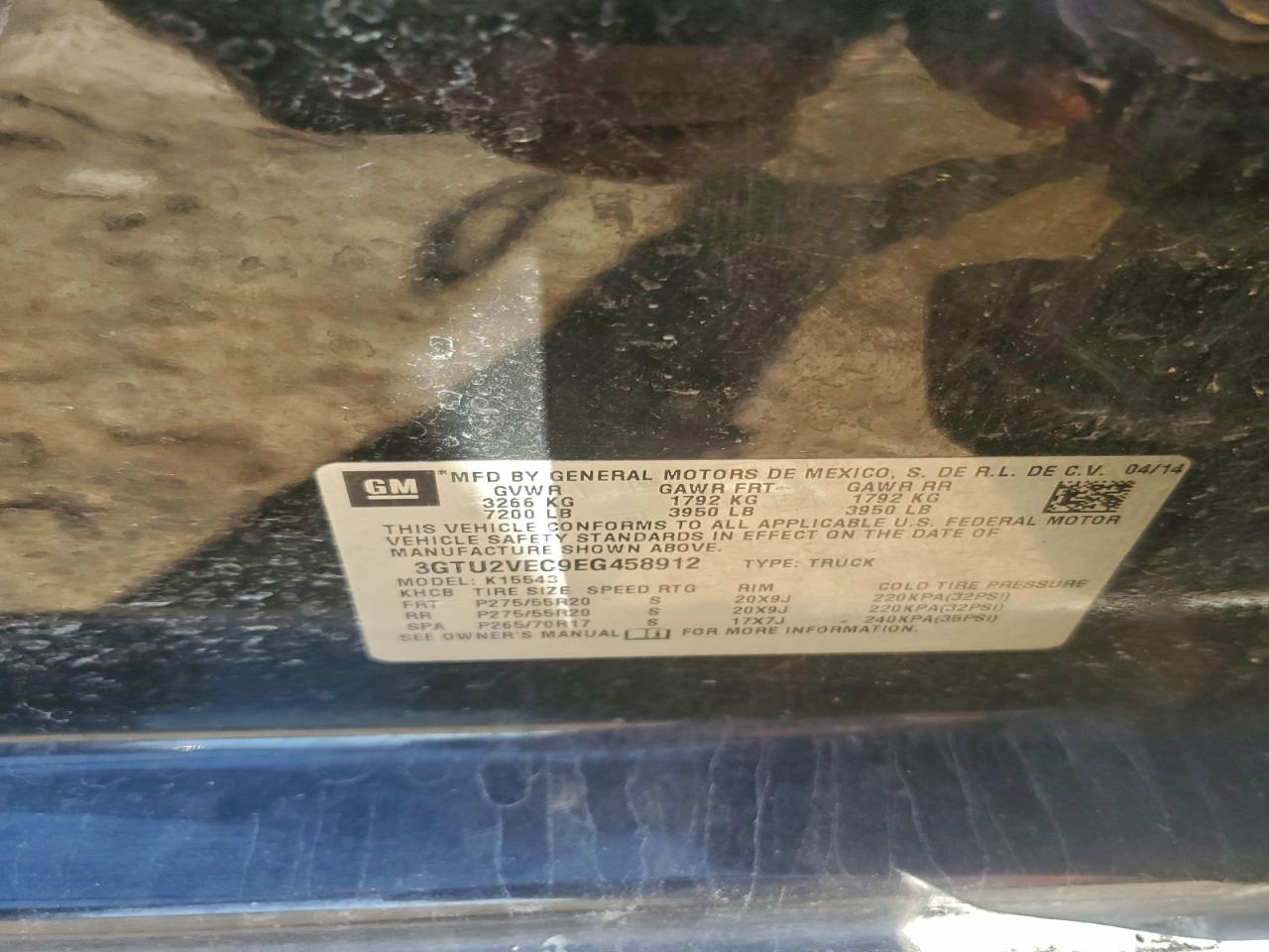 2014 GMC Sierra K1500 Slt VIN: 3GTU2VEC9EG458912 Lot: 93894825