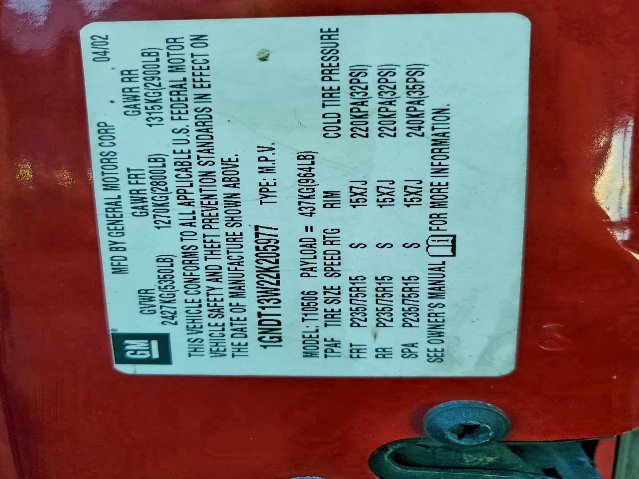 2002 Chevrolet Blazer VIN: 1GNDT13W22K205977 Lot: 94338335