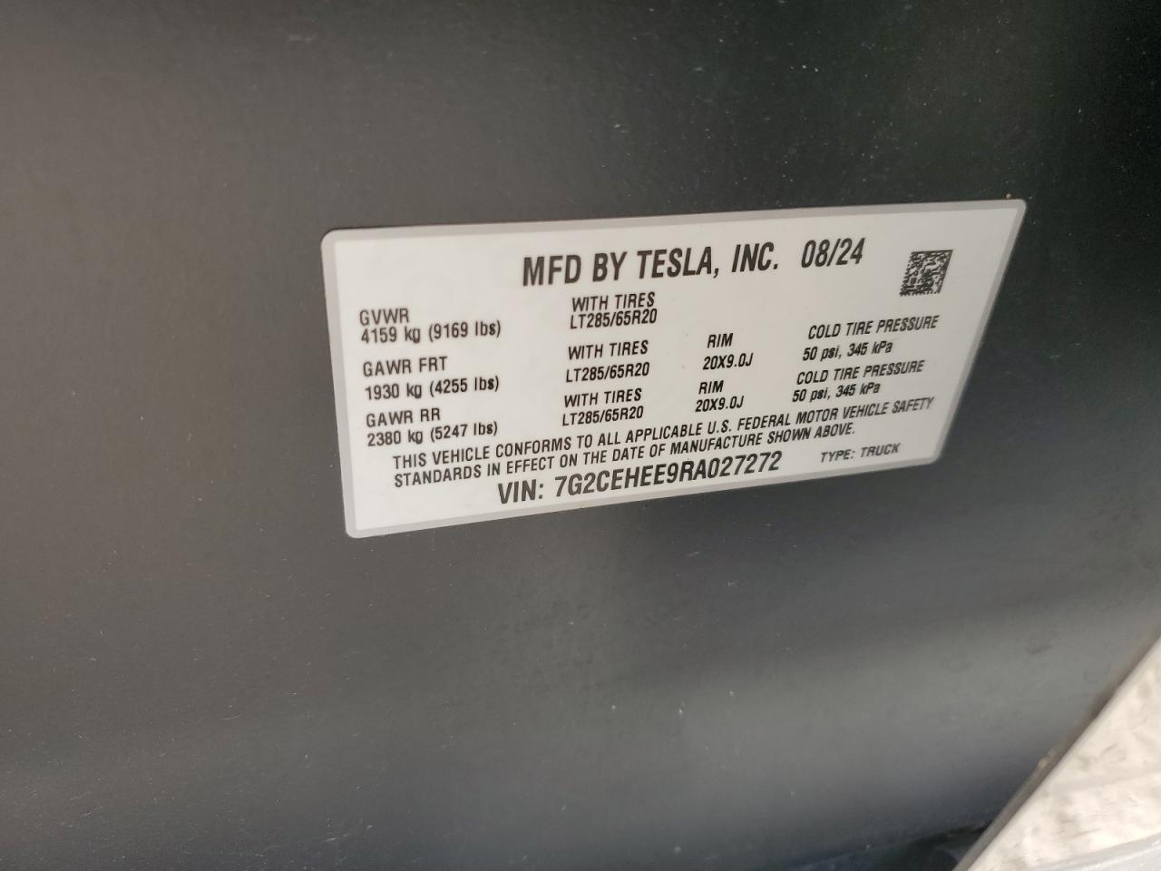 2024 Tesla Cybertruck VIN: 7G2CEHEE9RA027272 Lot: 93488135