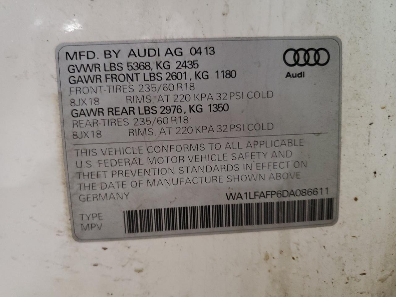 2013 Audi Q5 Premium Plus VIN: WA1LFAFP6DA086611 Lot: 92341195