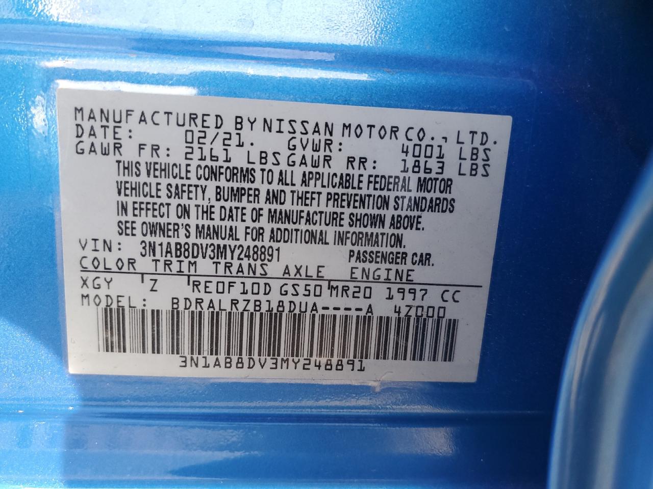 2021 Nissan Sentra Sr VIN: 3N1AB8DV3MY248891 Lot: 91226195