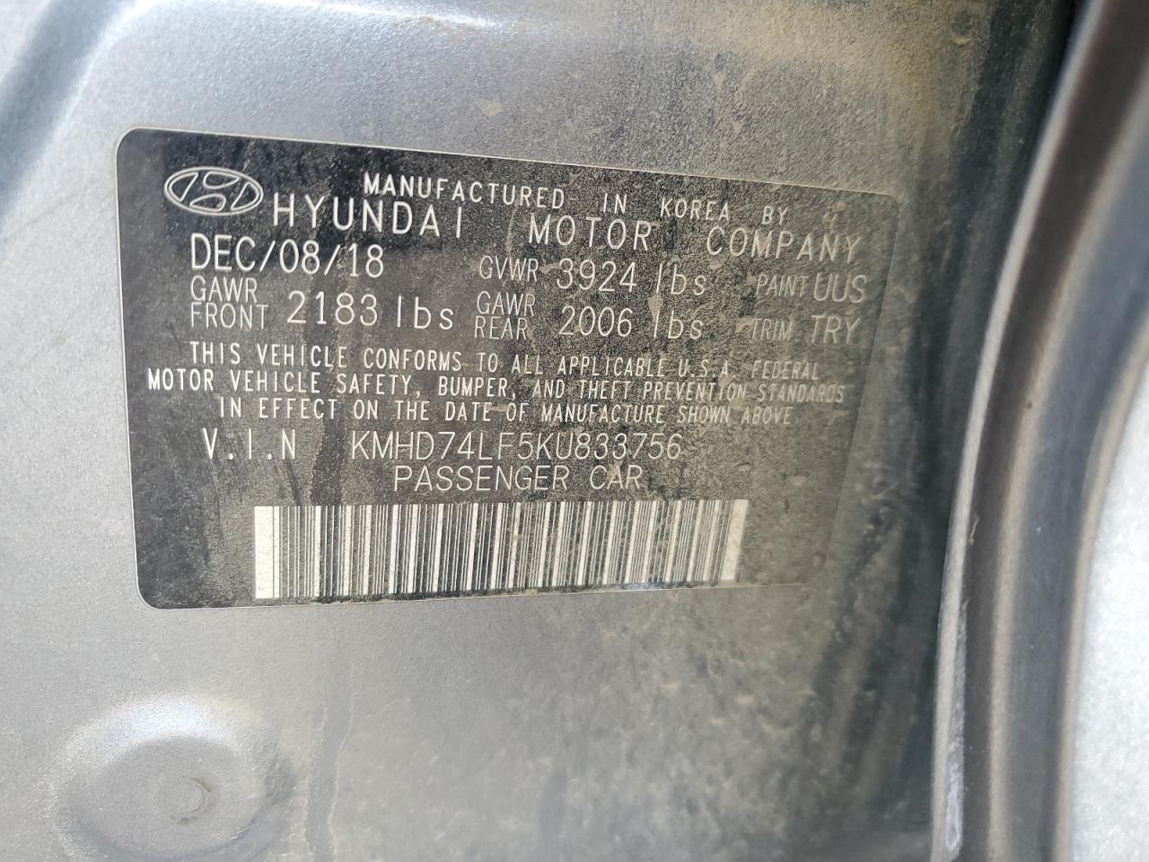 2019 Hyundai Elantra Se VIN: KMHD74LF5KU833756 Lot: 92867405