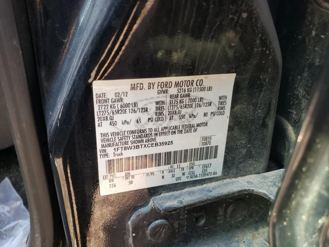 2012 Ford F350 Super Duty VIN: 1FT8W3BTXCEB35925 Lot: 93607865