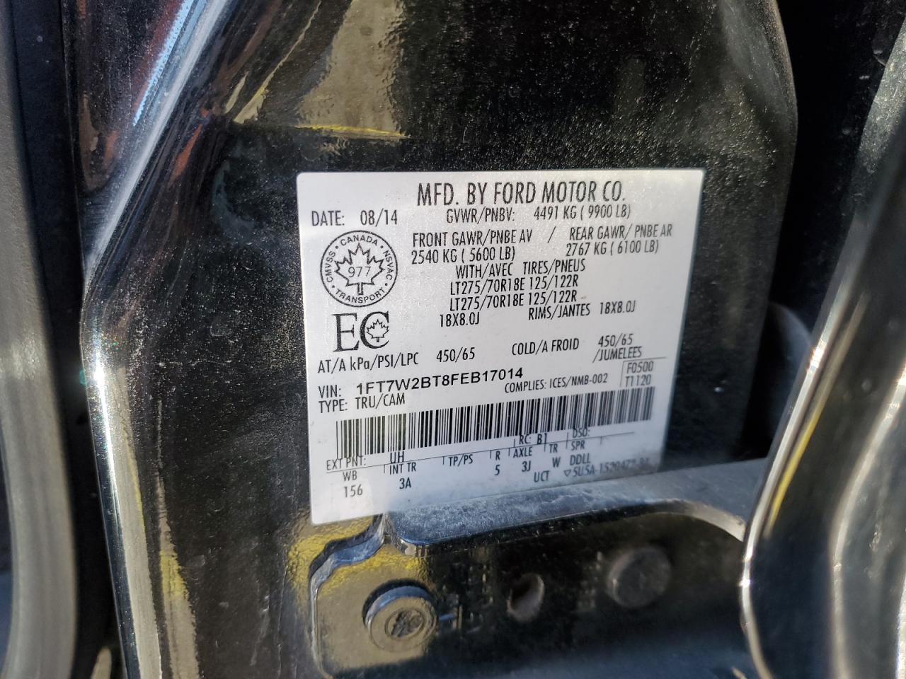 2015 Ford F250 Super Duty VIN: 1FT7W2BT8FEB17014 Lot: 91659335