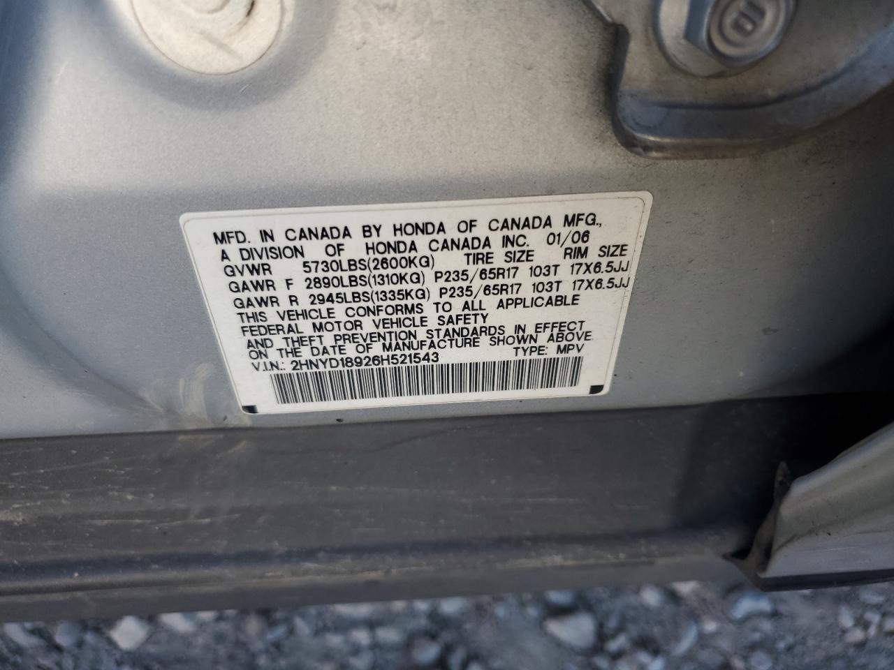 2006 Acura Mdx Touring VIN: 2HNYD18926H521543 Lot: 91348625