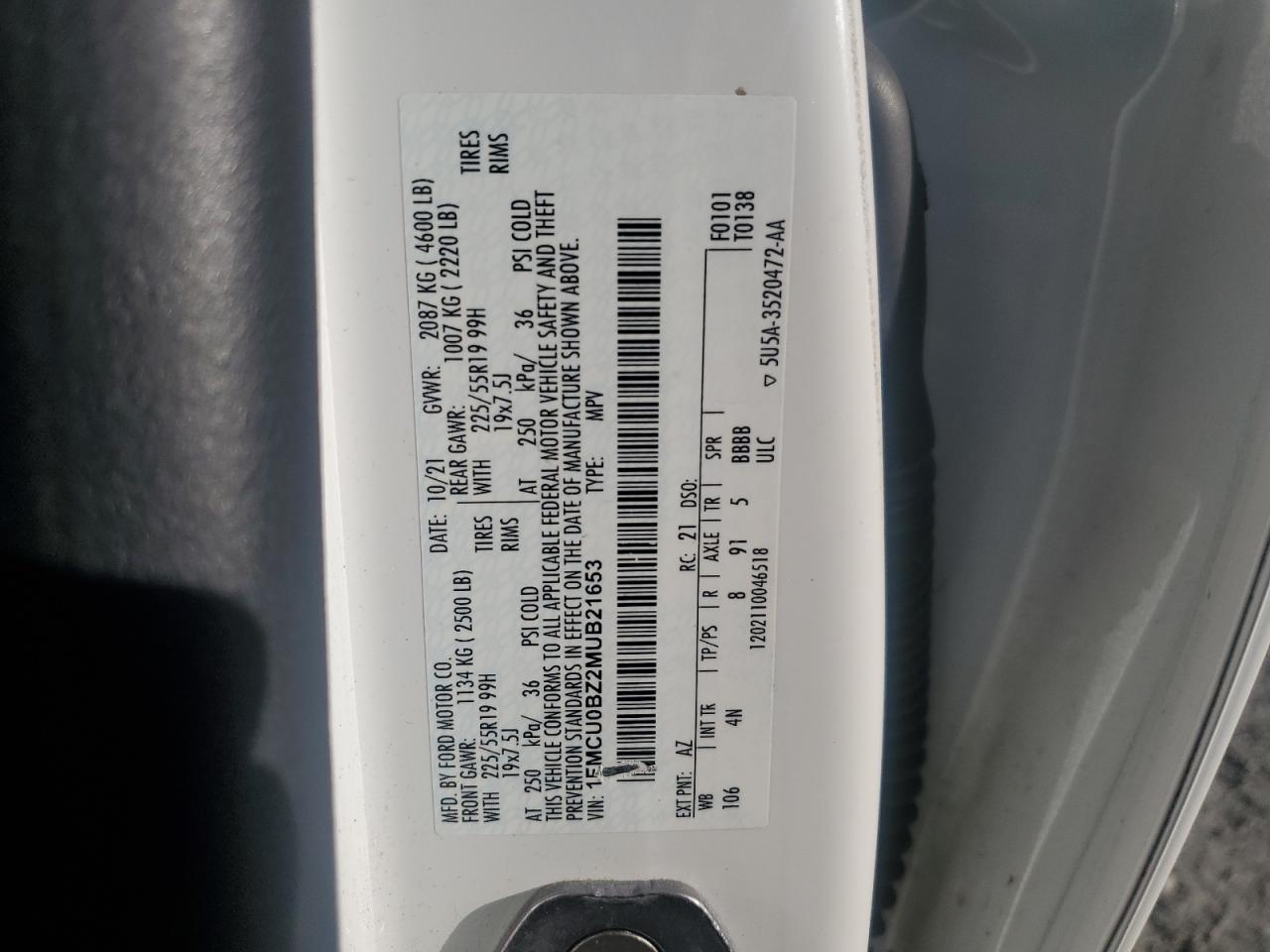 2021 Ford Escape Se VIN: 1FMCU0BZ2MUB21653 Lot: 92820665