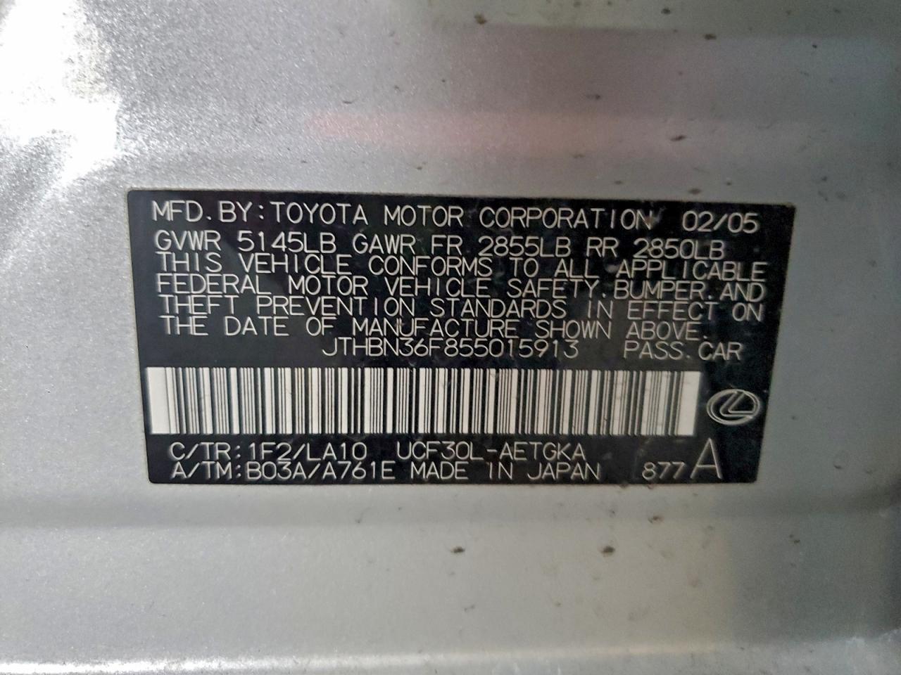 2005 Lexus Ls 430 VIN: JTHBN36F855015913 Lot: 94299155