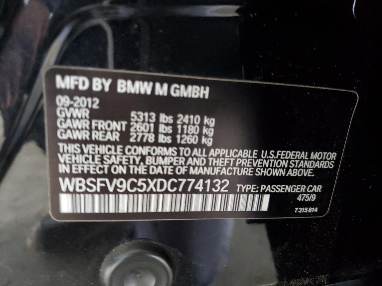 2013 BMW M5 VIN: WBSFV9C5XDC774132 Lot: 92745685