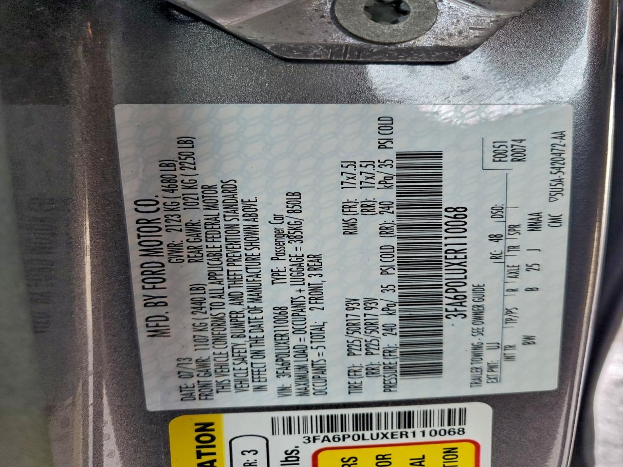 2014 Ford Fusion Se Hybrid VIN: 3FA6P0LUXER110068 Lot: 93726275