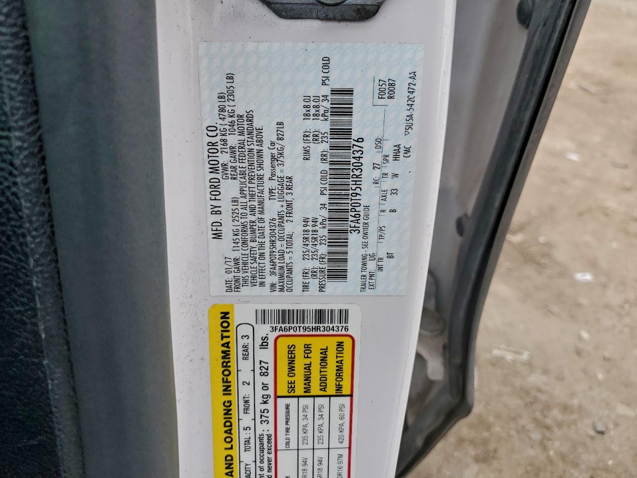 2017 Ford Fusion Se VIN: 3FA6P0T95HR304376 Lot: 92761935