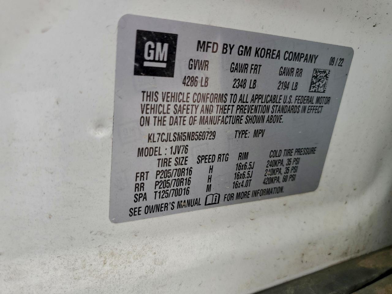 2022 Chevrolet Trax 1Lt VIN: KL7CJLSM5NB560729 Lot: 93874535