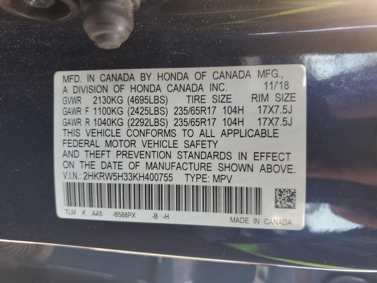 2019 Honda Cr-V Lx VIN: 2HKRW5H33KH400755 Lot: 93044405