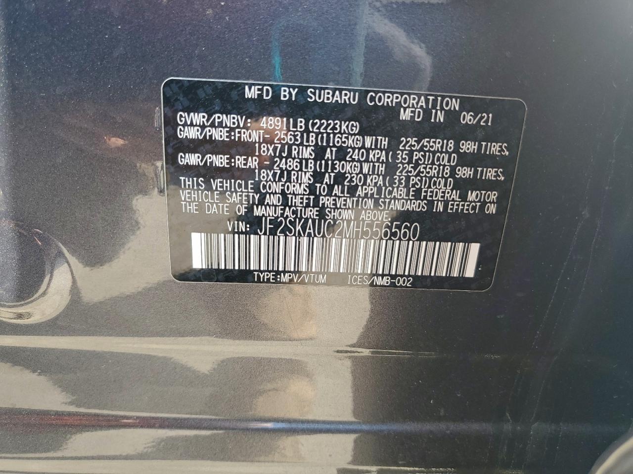 2021 Subaru Forester Limited VIN: JF2SKAUC2MH556560 Lot: 93056235